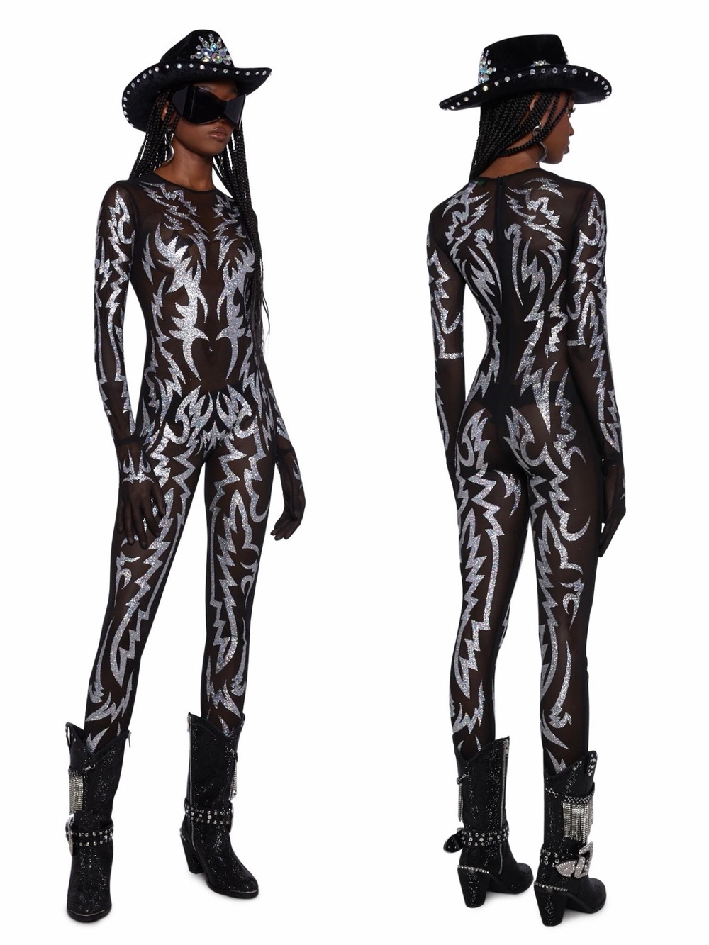 Club Exx | Western Glitter Appliqué Mesh Catsuit Jumpsuit | NWT | L